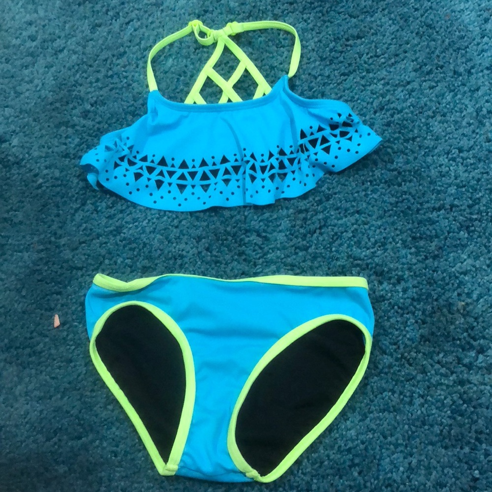 Size 8-10 blue Aztec bathing suit with green trim